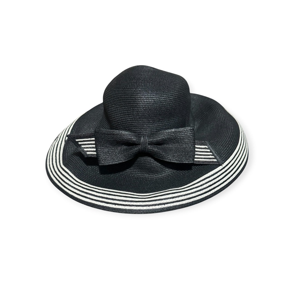 Mazzanti Italy Floppy black straw wide brim sun hat bow striped Riviera Luxe NWT